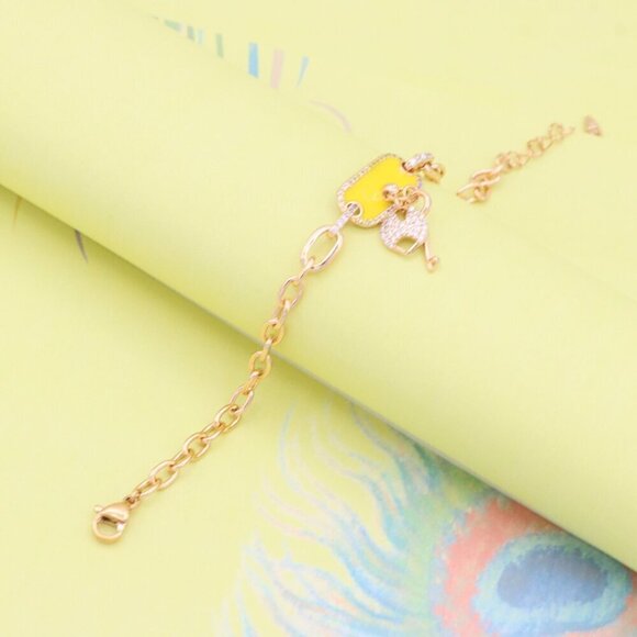 "Rose Gold Bracelet with Yellow Charm and Crystal Lock & Key, XPBL0890 - Picture 4 of 12